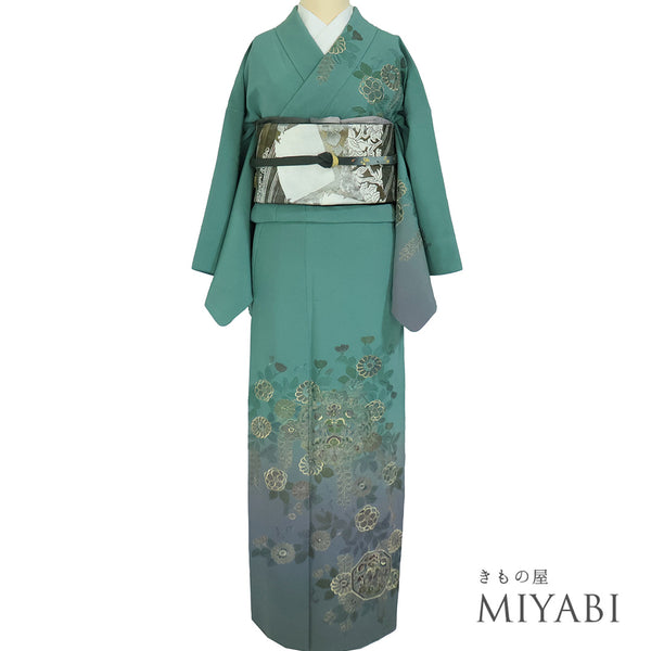 訪問着 リサイクル 身丈159.2cm 裄65.2cm 袷 向かい鳥華紋柄 刺繍 グリーン Mサイズ セミフォーマル お洒落 正絹 広衿 Sランク