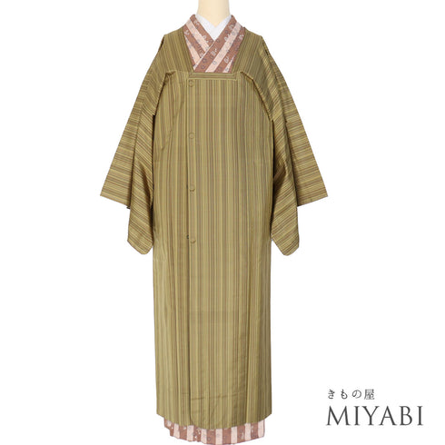 道行コート リサイクル 身丈131.7cm 裄68.8cm 単衣 雨コート 縞柄 ロング丈 グリーン LLサイズ お洒落 正絹 Sランク