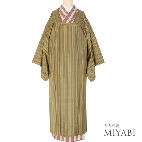 道行コート リサイクル 身丈131.7cm 裄68.8cm 単衣 雨コート 縞柄 ロング丈 グリーン LLサイズ お洒落 正絹 Sランク