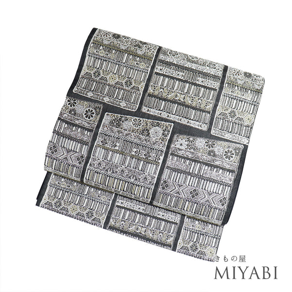 袋帯 帯丈446cm 全通 鎧威柄 ブラック Mサイズ 正絹 Sランク セミフォーマル お洒落