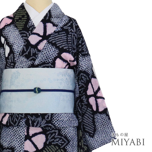 リサイクル 夏着物 身丈155.5cm 裄66cm 夏物 絞り 花柄 ネイビー Mサイズ カジュアル 木綿 洗える着物 バチ衿 Sランク