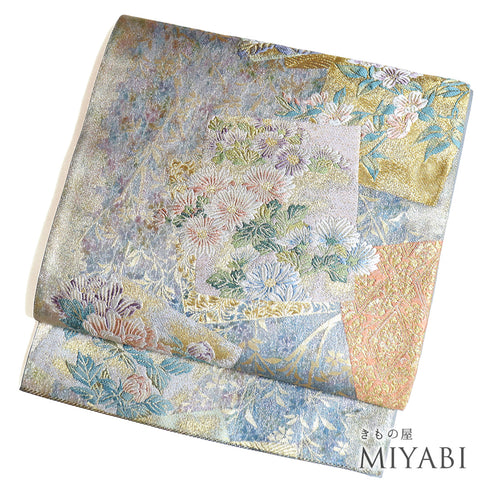 袋帯 リサイクル 帯丈430cm 六通 花色紙柄 西陣織 ブルー Sサイズ 正絹 新品・未使用品 フォーマル セミフォーマル