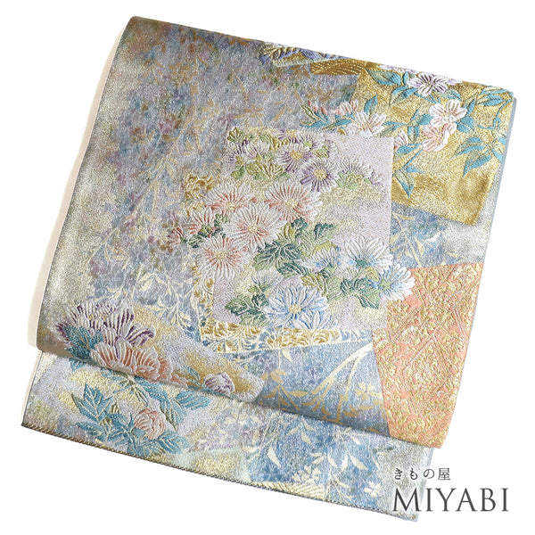 袋帯 リサイクル 帯丈430cm 六通 花色紙柄 西陣織 ブルー Sサイズ 正絹 新品・未使用品 フォーマル セミフォーマル