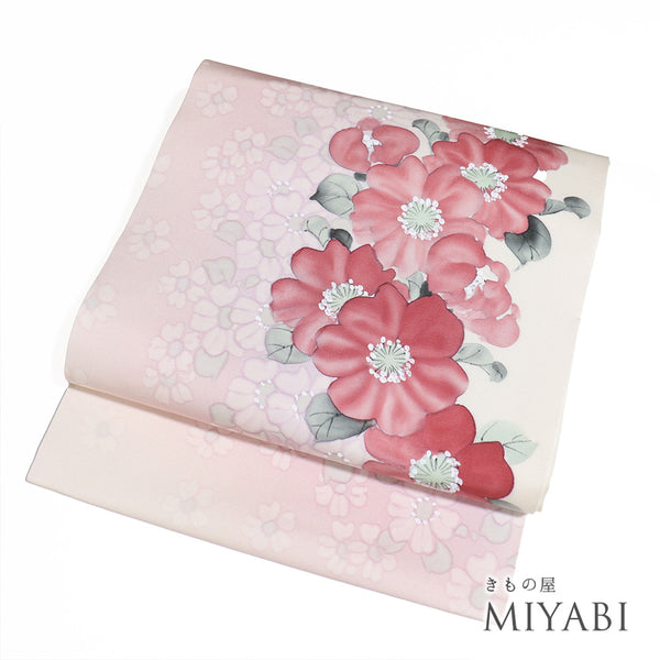 名古屋帯 リサイクル 帯丈383cm ポイント柄 塩瀬 花柄 ピンク Lサイズ 正絹 Sランク お洒落 カジュアル 落款