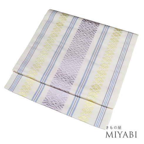 名古屋帯 リサイクル 帯丈369cm 全通 献上柄 ホワイト Mサイズ 正絹 Sランク カジュアル お洒落