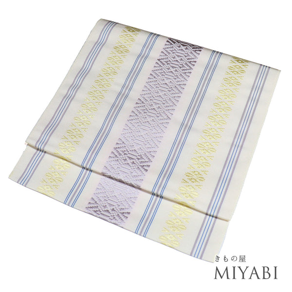 名古屋帯 リサイクル 帯丈369cm 全通 献上柄 ホワイト Mサイズ 正絹 Sランク カジュアル お洒落