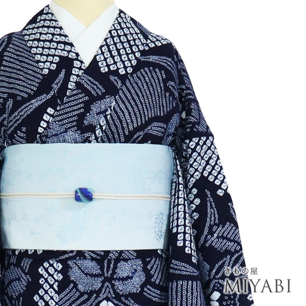 浴衣 リサイクル 夏着物 身丈161.5cm 裄64.4cm 夏物 絞り 蘭柄 ネイビー Lサイズ カジュアル 木綿 洗える着物 バチ衿 Sランク