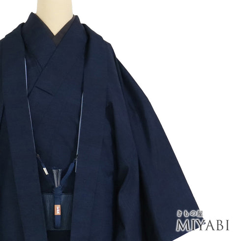 アンサンブル 男物 リサイクル 身丈156.8cm 裄74.4cm 羽織丈100cm 袷 紬 ネイビー LLサイズ お洒落 カジュアル 正絹 棒衿 Sランク