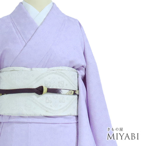 色無地 リサイクル 身丈156cm 裄66cm 袷 草花柄 パープル Mサイズ セミフォーマル お洒落 一つ紋 しつけ糸 不明 広衿 地紋あり Sランク