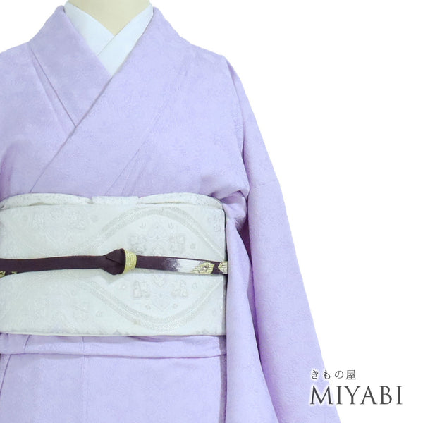 色無地 リサイクル 身丈156cm 裄66cm 袷 草花柄 パープル Mサイズ セミフォーマル お洒落 一つ紋 しつけ糸 不明 広衿 地紋あり Sランク