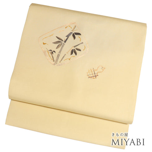 名古屋帯 リサイクル 帯丈381cm ポイント柄 竹に瓢箪柄 塩瀬 ベージュ Lサイズ 正絹 Sランク お洒落 カジュアル