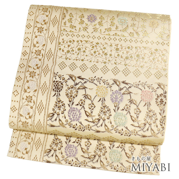 袋帯 リサイクル 帯丈448cm 六通 オリエンタル模様 ベージュ Mサイズ 正絹 Sランク お洒落