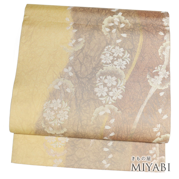 袋帯 リサイクル 帯丈444cm 六通 雪輪に桜柄 ベージュ Mサイズ 正絹 Sランク セミフォーマル お洒落