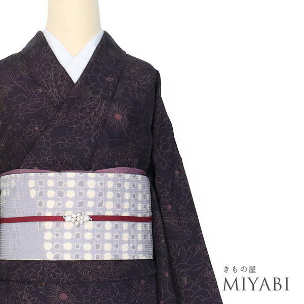 小紋 リサイクル 身丈167cm 裄66.4cm 袷 花柄 パープル LLサイズ お洒落 カジュアル 正絹 広衿 Aランク