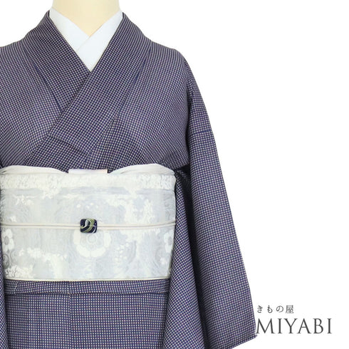 小紋 リサイクル 身丈154cm 裄62.4cm 単衣 後身頃居敷当て付き ネイビー Sサイズ お洒落 カジュアル ポリエステル 洗える着物 広衿 Sランク