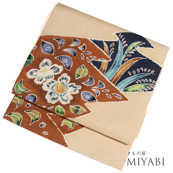 名古屋帯 リサイクル 帯丈343.5cm ポイント柄 草花柄 紬 ベージュ Sサイズ 正絹 Sランク カジュアル