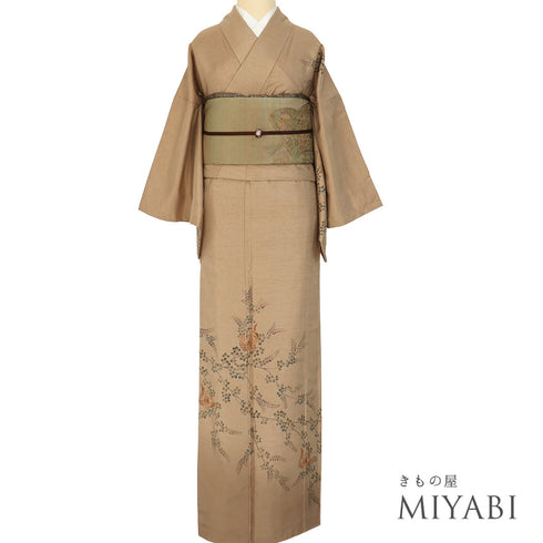 付下げ リサイクル 身丈160.8cm 裄65.2cm 袷 鳳凰柄 草花柄 紬 ブラウン Lサイズ お洒落 一つ紋 正絹 広衿 Sランク