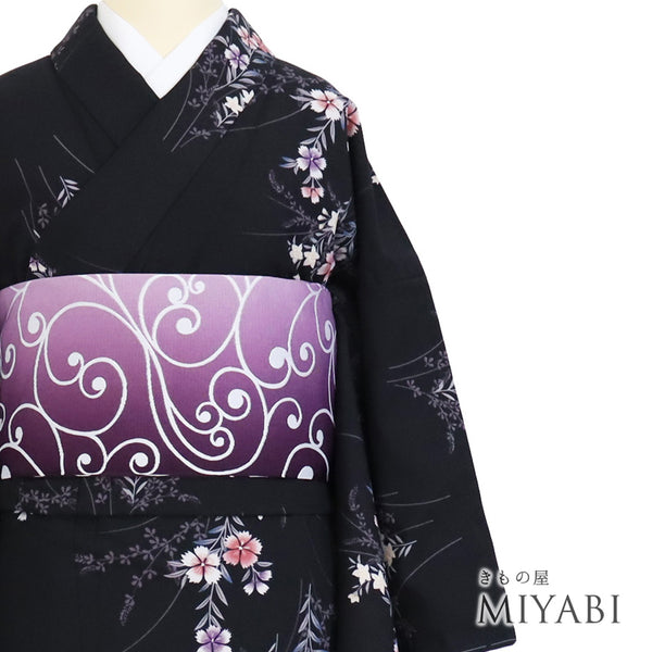 小紋 リサイクル 身丈165.8cm 裄67.5cm 袷 草花柄 既製品 ブラック LLサイズ お洒落 カジュアル ポリエステル 洗える着物 広衿 新品・未使用品