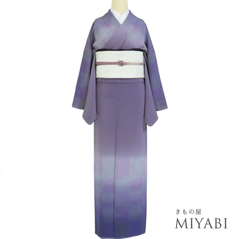 訪問着 リサイクル 身丈160cm 裄69cm 袷 ぼかし市松柄 パープル Mサイズ お洒落 正絹 広衿 Sランク