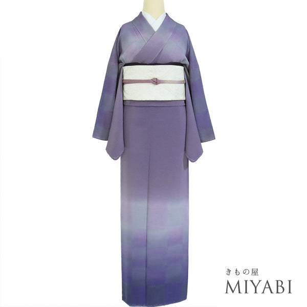 訪問着 リサイクル 身丈160cm 裄69cm 袷 ぼかし市松柄 パープル Mサイズ お洒落 正絹 広衿 Sランク