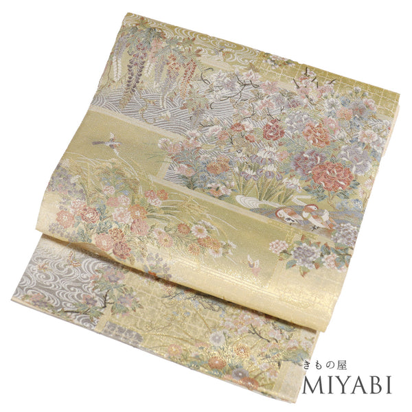 袋帯 リサイクル 帯丈458cm 全通 琳派の系譜屏風短冊柄 ゴールド Lサイズ 正絹 Sランク フォーマル
