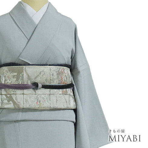 色無地 リサイクル 身丈161cm 裄65.6cm 単衣 グレー Lサイズ セミフォーマル 一つ紋 しつけ糸 正絹 広衿 Sランク