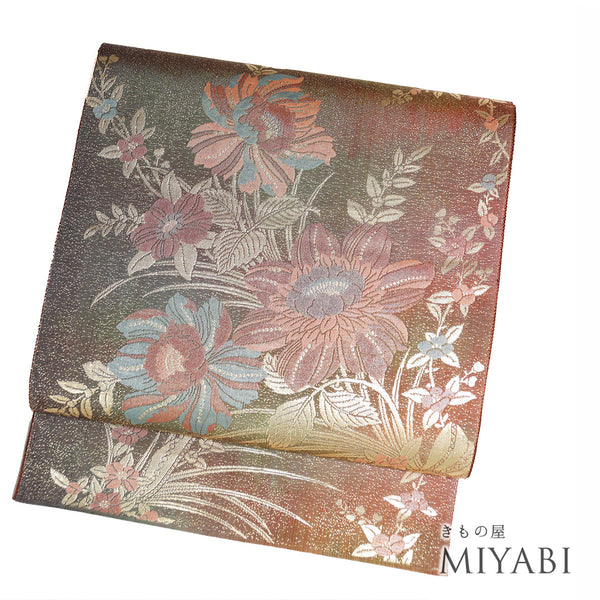 袋帯 リサイクル 帯丈432cm 六通 縦ぼかし 花束柄 多色 Sサイズ 正絹 新品・未使用品 お洒落