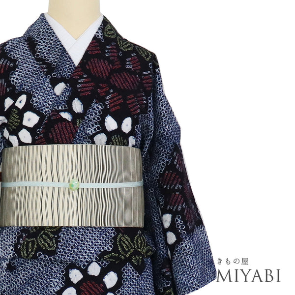 浴衣 リサイクル 夏着物 身丈150.5cm 裄63.2cm 夏物 絞り 花柄 ジュニアサイズ ネイビー Sサイズ カジュアル 木綿 洗える着物 バチ衿 Sランク