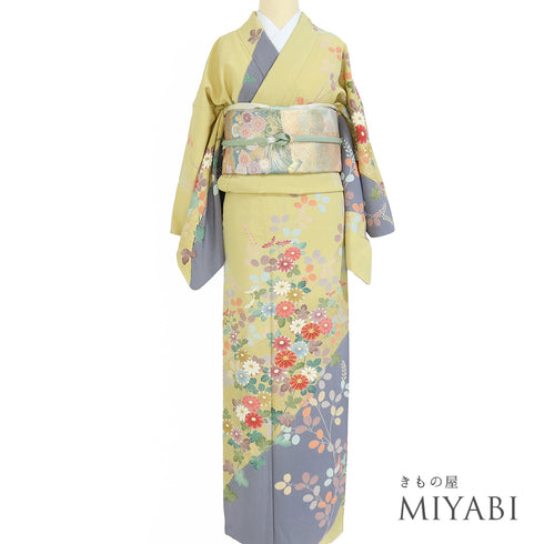 訪問着 身丈171.8cm 裄67.2cm 袷 菊柄 金駒刺繡 慶彩小袖 イエロー LLサイズ フォーマル 落款 正絹 広衿 Sランク