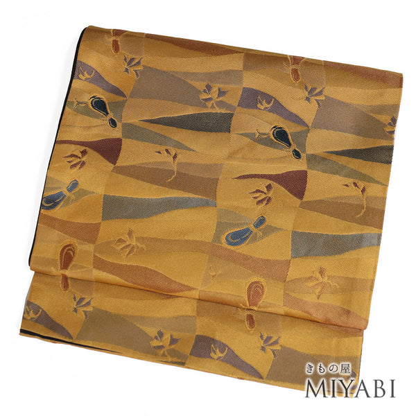 京袋帯 リサイクル 帯丈384cm 全通 幾何学にひょうたん柄 ブラウン Lサイズ ポリエステル Sランク お洒落 カジュアル