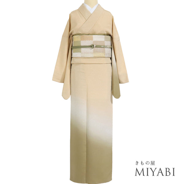 訪問着 リサイクル 身丈171.3cm 裄69.6cm 袷 木目の地紋に裾ボカシ柄 ベージュ LLサイズ お洒落 正絹 広衿 Sランク