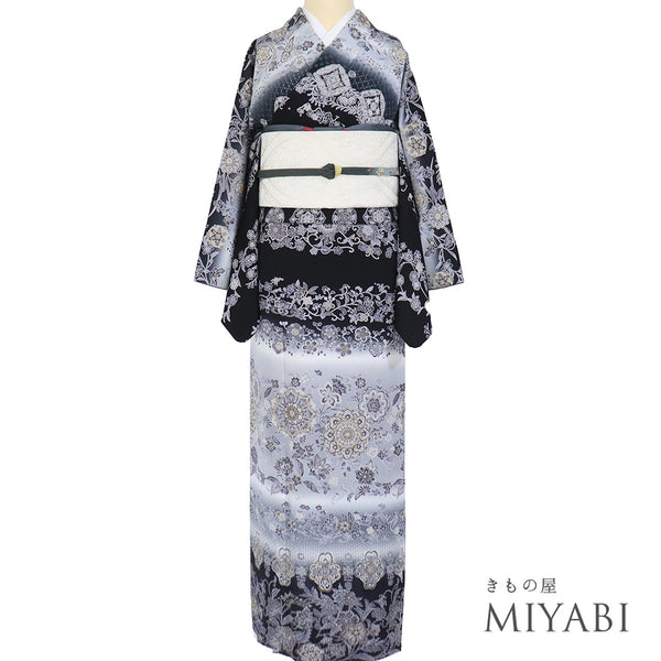 訪問着 リサイクル 身丈165cm 裄68cm 袷 華紋柄 更紗柄 汕頭刺繍 ブラック Lサイズ お洒落 正絹 広衿 Aランク