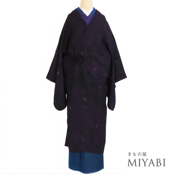 道中着 リサイクル 身丈120cm 裄67.2cm 単衣 ペイズリー柄 地紋 箔 ロング丈 ブラック Lサイズ お洒落 正絹 Sランク