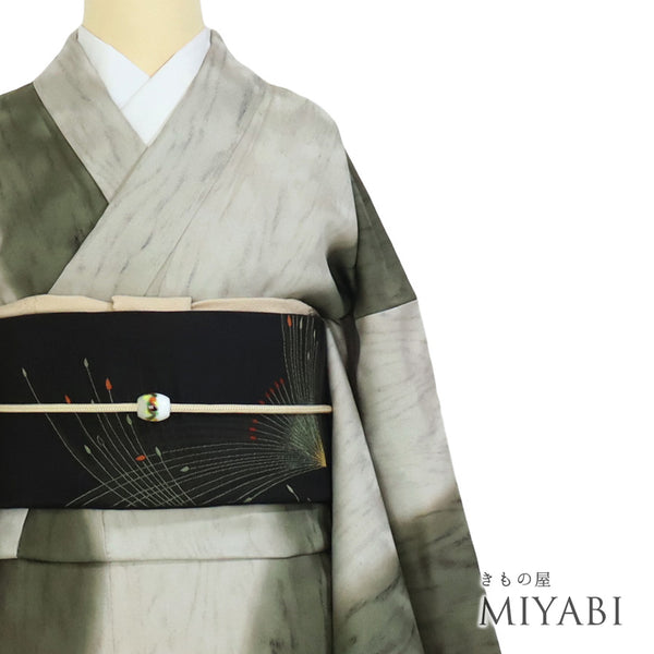 小紋 リサイクル 身丈160cm 裄66.4cm 袷 濡れ描き柄 高橋峰陵 グリーン Mサイズ お洒落 正絹 広衿 Sランク