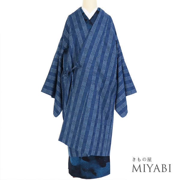 道中着 リサイクル 身丈107.5cm 裄70.4cm 袷 紬 地紋 縞柄 ブルー LLサイズ お洒落 正絹 Sランク