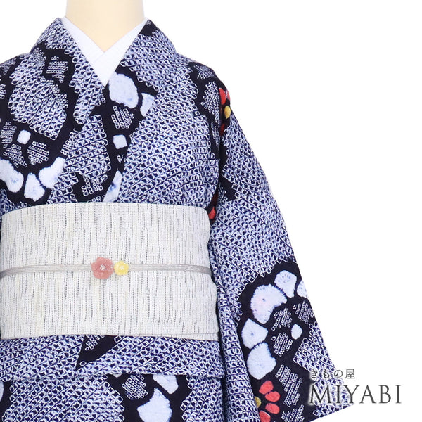 浴衣 リサイクル 夏着物 身丈156cm 裄64cm 夏物 絞り 花柄 ネイビー Mサイズ カジュアル お洒落 木綿 洗える着物 バチ衿 Aランク