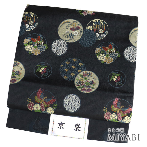 京袋帯 リサイクル 帯丈394cm ポイント柄 丸に蝶や草花柄 地紋 ブラック Lサイズ ポリエステル 新品・未使用品 お洒落 カジュアル