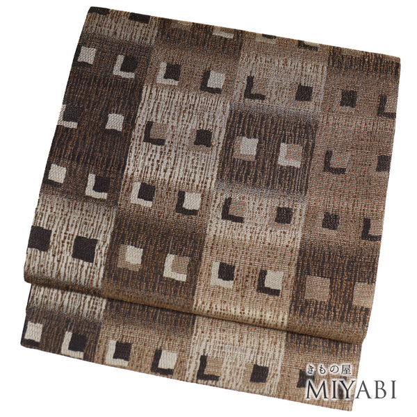 袋帯 リサイクル 帯丈436cm 全通 幾何学柄 ブラウン Mサイズ 正絹 Sランク お洒落