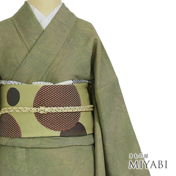 小紋 リサイクル 身丈161cm 裄65.4cm 袷 墨流し 地紋 グリーン Lサイズ お洒落 正絹 広衿 Sランク