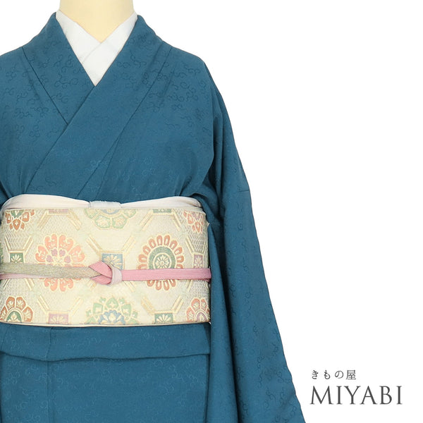 色無地 リサイクル 身丈164cm 裄69.6cm 袷 唐草模様 ブルー Lサイズ お洒落 正絹 広衿 地紋あり Sランク