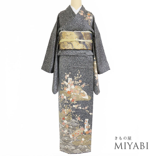 訪問着 リサイクル 身丈167.3cm 裄70.2cm 袷 短冊に花柄 金駒刺繍 箔 ブラック LLサイズ お洒落 正絹 広衿 Sランク