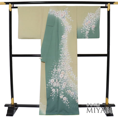 付下げ リサイクル 身丈164.2cm 裄69.2cm 袷 辻が花柄 絞り ゆったりサイズ グリーン Lサイズ お洒落 正絹 広衿 Sランク