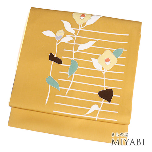 名古屋帯 リサイクル 帯丈396.5cm ポイント柄 塩瀬 椿柄 オレンジ Lサイズ 正絹 Sランク お洒落 カジュアル