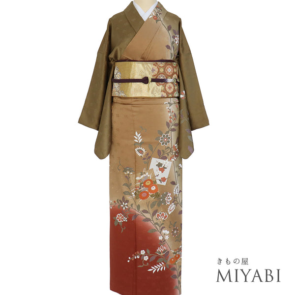 訪問着 リサイクル 身丈160.3cm 裄66.8cm 袷 色紙柄 花柄 ブラウン Mサイズ お洒落 セミフォーマル 正絹 広衿 Sランク