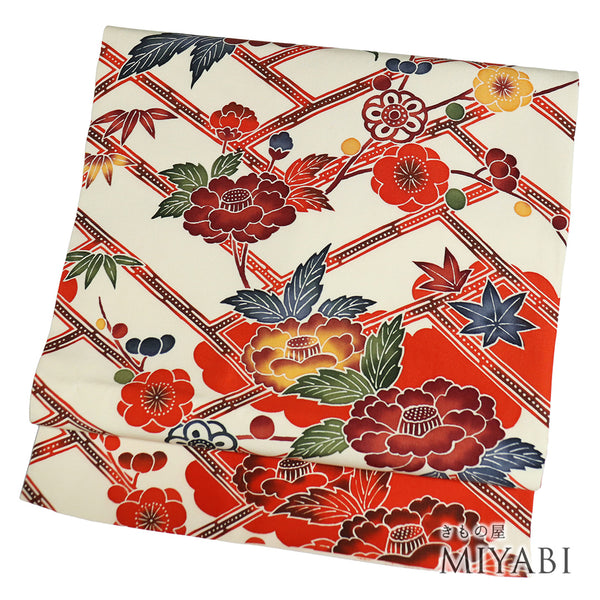 名古屋帯 リサイクル 帯丈350cm 六通 型染め 塩瀬 ベージュ Sサイズ 正絹 Sランク お洒落