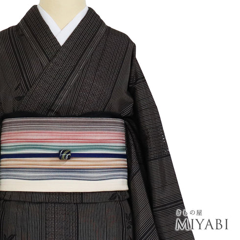 紬 リサイクル 身丈151.8cm 裄63cm 袷 柿渋染 汕頭刺繍 縞模様 枝葉柄 ブラック Sサイズ お洒落 証紙 しつけ糸 正絹 広衿 Sランク