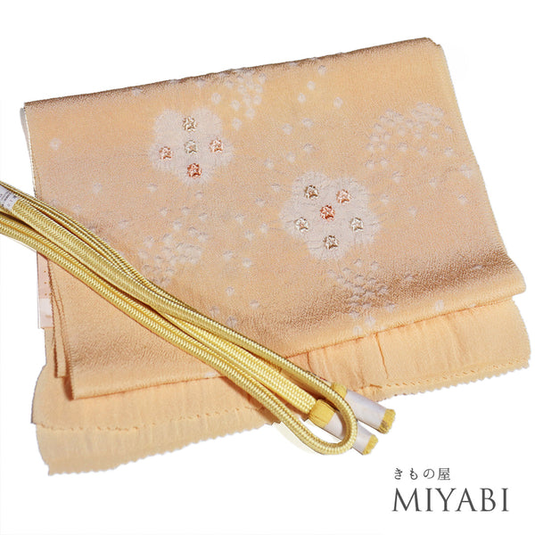 帯締め・帯揚げセット リサイクル ゆるぎ ちりめん ベージュ 正絹 新品・未使用品 部分絞り 小花の刺繍柄