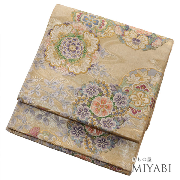 袋帯 リサイクル 帯丈444cm 六通 花丸に雪輪に花柄 ゴールド Mサイズ 正絹 Sランク フォーマル セミフォーマル