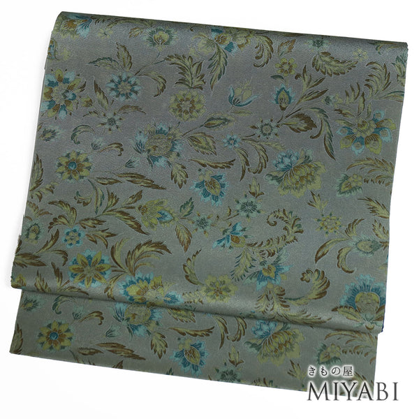 名古屋帯 リサイクル 帯丈364cm 全通 花柄 グリーン Mサイズ 正絹 Sランク お洒落