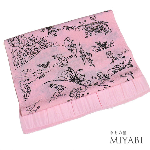 帯揚げ リサイクル お洒落 ちりめん 正絹 ピンク 鳥獣戯画 Sランク AG-1204